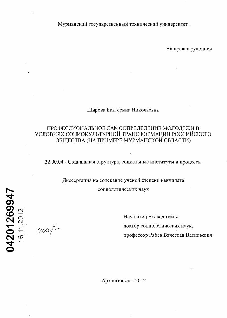 Профессиональное самоопределение молодежи в условиях социокультурной трансформации российского общества : на примере Мурманской области
