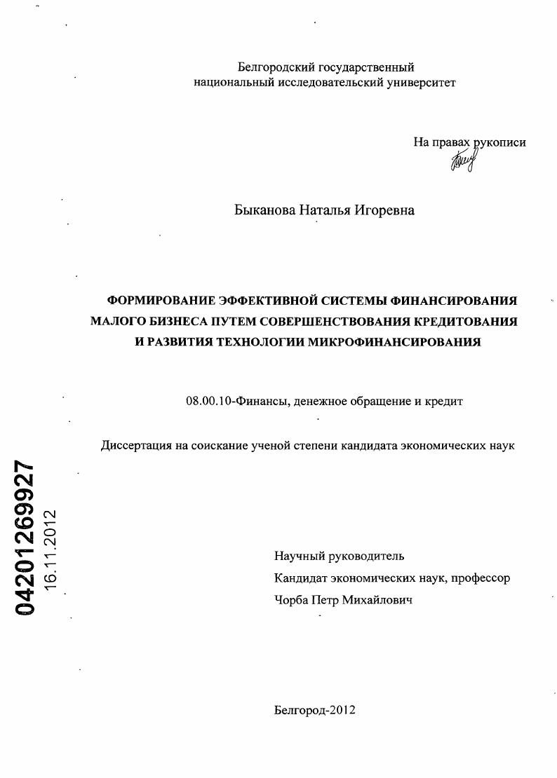 скачать диссертацию Формирование эффективной системы финансирования малого бизнеса путем совершенствования кредитования и развития технологии микрофинансирования Формирование эффективной системы финансирования малого бизнеса путем совершенствования кредитования и развития технологии микрофинансирования