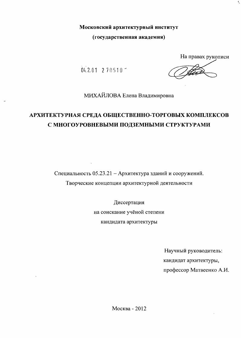 Архитектурная среда общественно-торговых комплексов с многоуровневыми подземными структурами