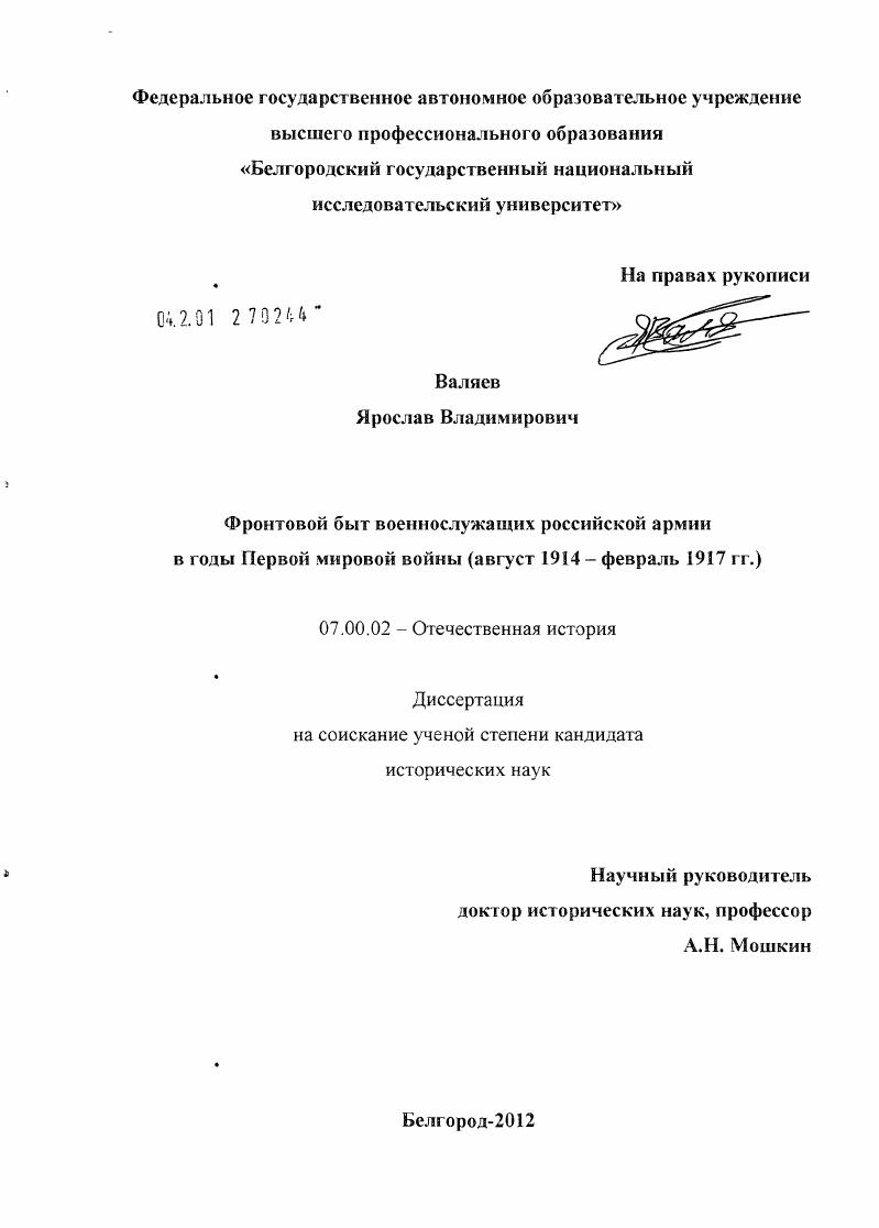 Фронтовой быт военнослужащих российской армии в годы Первой мировой войны : август 1914 - февраль 1917 гг.