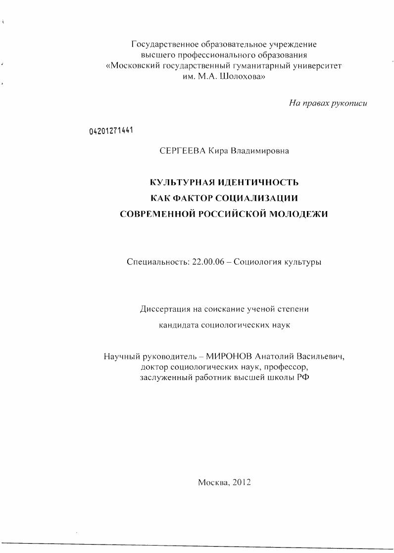 Культурная идентичность как фактор социализации современной российской молодежи
