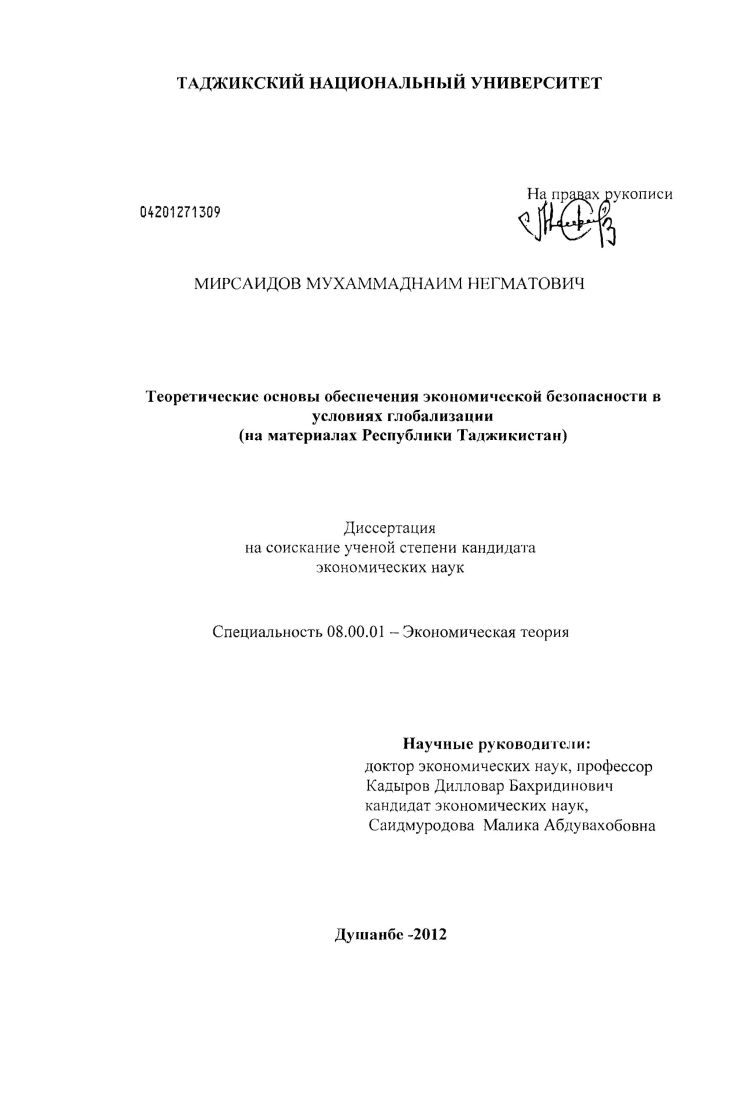 Теоретические основы обеспечения экономической безопасности в условиях глобализации : на материалах Республики Таджикистан