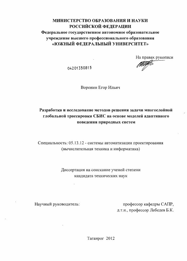 Разработка и исследование методов решения задачи многослойной глобальной трассировки СБИС на основе моделей адаптивного поведения природных систем
