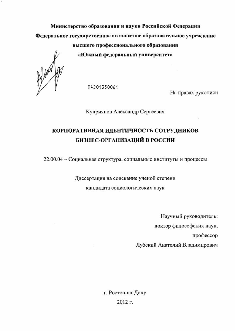 скачать диссертацию Корпоративная идентичность сотрудников бизнес-организаций в России Корпоративная идентичность сотрудников бизнес-организаций в России