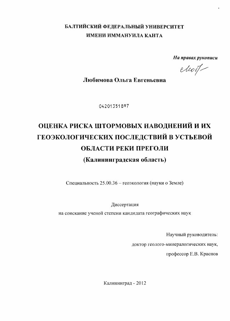 Оценка риска штормовых наводнений и их геоэкологических последствий в устьевой области реки Преголи : Калининградская область
