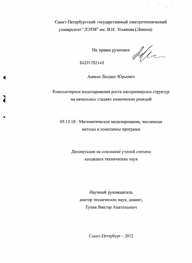 Компьютерное моделирование роста наноразмерных структур на начальных стадиях химических реакций