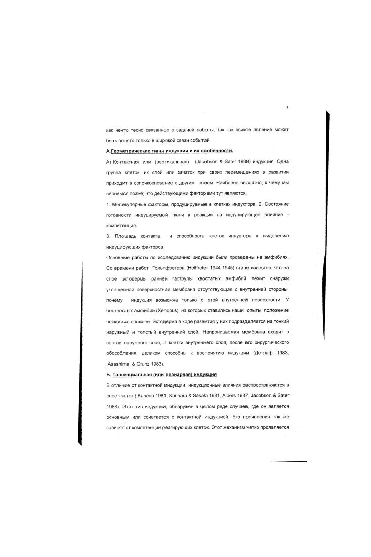 Его проявления так же зависят от компетенции реагирующих клеток. i  i .  .  . i 8  .    .   Н.   . Такие явления имеют место и при развитии покровов насекомых Генке . При развитии глаз сомнения в роли контактной индукции для возникновения линз   i . i    привели к представлению о том.   i , i  К этой проблеме мы вернемся, обсуждая собственные данные. Концепция тангенциальной индукции в неявной форме была уже распространена в биологии развития. Она проявлялась в концепциях градиентов концентраций веществ, осуществляющихся в слоях клеток и их скоплениях удлиненной формы В развитии насекомых она выявлялась прежде всего в представлении о распространяющихся полях протекающих в гиподерме и регулирующих образование рисунков на крыльях бабочек Генке , i , но нельзя не отметить, что эти исследования проводились недостаточно тонкими методами, как локальные прижигания гиподермы, почему и выводы из них носят недостаточно точный характер. Наконец Крик i  дал подробный математический анализ подобных явлений, исходя из концепции диффузии регуляторных факторов вдоль градиентов. Это сходно с тангенциальной индукцией и при этом существенно, что распространение морфогенетических факторов по оси градиента в тем числе в слое путем диффузии описывается теми же математическими моделями, что и распространение импульса путем влияния кзхедой клетки на последующую в следствие чего, та приобретает новые свойства и таким же способом осуществляет их передачу дальше В последнее время вопрос о градиентах индукции получил свое разрешение см далее. Когда были открыты явления индукции, особенно индукции нервной пластинки мезодермой, сразу встал вопрос чем осуществляются явления индукции, какие факторы из индуцирующей ткани влияют на переходят в индуцируемую. Этим исследованиям способствовало открытие Гольтфретера  , . ЭРГ способна, в зависимости от приложенных воздействий, развиться в любую ткань организма, после чего она стала использоваться как универсальная тестсистема для испытания индукционных способностей веществ и тканей. Первые же опыты , ,    ,  , показали, что убитые и раздавленные ткани и ткани взрослых животных способны вызывать индукцию в эктодерме гаструлы, и что, следовательно она может опосредоваться молекулярными факторами. Сразу начались попытки выделить искомое вещество, и тут же началась безмерная путаница, так как выяснилось, что индукцию могут осуществлять стероидные гормоны жирные кислоты и даже кусочки глины. Эта путаница продолжалась до тех пор. Гольтфретер  . Новый этап исследований индукции потребовал подбора подходящих сред для культивации зародышей и эксплантатов для избежания повреждения эктодермы начало чему было дано в работе Ниу и Твигги ц  ТуиНу , и отсюда пошли различные среды, употребляемые ныне для этих целей. Но тут случился еще конфуз, на этот раз последний Под влиянием всеобщего увлечения информативной ролью нуклеиновых кислот Ниу 1  провозгласил, что индуцирующие вещества относятся к РНК. Но параллельно проводившиеся опыты Тидемана Тюбетапл а. Центральной задачей, ввиду возможности появления нейральных образований пои повреждениях эктодермы стало получение мезодермзльных индукций. Но уже тут возникла существенная логическая неточность. Не было ясного определения того, что хотели выделить. Вначале использовали экстракт массы тканей дневных зародышей кур. Работы хотели выделить мезодермальный фактор Но каковы критерии того, что предполагали индуцировать П ов ид им ому, критерием может служить образование клеточных типов, составляющих ткани либо из клеток одинаковых типов, либо из немногих родственных типов Это относится и к определению того, что индуцирует то или иное вещество Работы по вьщеленному индуцирующему фактору сразу показали, что он индуцирует не только мезодерму, но и энтодерму, почему Тидемам назвал его вегетализирующим фактором. 