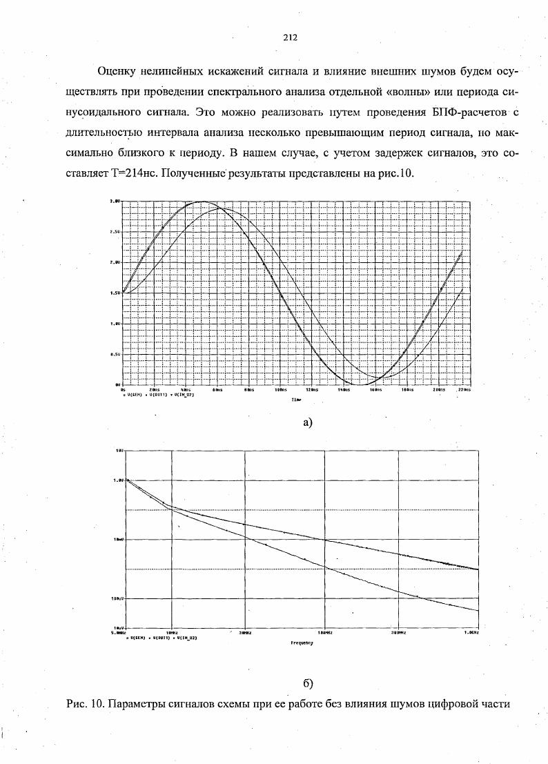 В нашем случае для анализа необходимо использовать период действия входного сигнала, начиная со второй волны синусоидального сигнала, чтобы избежать искажающего влияния переходных процессов, связанных с подачей питания схемы, при одновременном действии генератора сигналов см. С учетом временных задержек, исходя из распространения сигнала УГЫи2,ЬОЖ, величина параметра ТБТОР выбирается 1с полная волна укладывается в период от 1нс до 1нс. Если расчеты проводились бы для Т8ТОРнс, то были бы получены коэффициенты гармоник более , что описывает частотный характер первой волны синусоидального сигнала, но является неверным результатом для последующих волн. Для первой волны спектры сигналов У Ш,Ь вЫБ и УП4 и2ДР2 имеют ярко выраженный пик гармоник в области частот МГцМГц. В результате расчетов ДПФ получены величины гармоник сигнала УГЫи2,ЬОШ со значением коэффициента гармоник около 0, , что достаточно существенно выше лучших показателей 0,для аналогичной платы с питанием, близким к идеальному, специальной схемой формирования опорного напряжения УЕР2 и отсутствием реальных линий связи с генератором см. Вместе с тем, этот коэффициент существенно ниже, чем аналогичный для варианта 1 схемы, представленной в приложении 4 1, и 3, с фильтром и без фильтра МГц, соответственно. Величина коэффициента гармоник сигнала на входе 2 для схемы в отсутствие действия цифровых шумов и с идеальным питанием Ш составляет 0,0,. В подтверждение расчетных данных, полученных путем компьютерного моделирования работы схемы компаратора платы ЛЗМ1, ниже представлены результаты практических измерений на установке, описанной в начале приложения 5 см. Все измерения проводились осциллографом ТекНошх ТО, частота дискретизации 1ГГц, полоса пропускания сигнала 0МГц если не оговорено особо. Уровень компарации сигнала был выставлен с помощью ЦАП близким к пулевому уровню УКЕКмВ. Такой уровень соответствует типичному реальному уровню нулевого сигнала ЦАП ОАС с учетом погрешностей его отклонения. ПЭВМ, при этом расстояние от ЭЛТмонитора БупсМаБег 7ЫБ до платы АЖ было 0,5м, а до системного блока около 1м, плата находилась в зоне действия бокового лепестка излучения монитора. На рис. АЖ при измерениях аналогового сигнала на входе платы. Рис. Форма сигналов платы АЖ вход платы и выход схемы блока компаратора На рис. СН2 осциллографа. Синусоидальный входной сигнал и цифровой выходной сигнал измерялись щупами осциллографа относительно общей локальной земли блока компаратора, организованной как аналог Ь вЫС схемы имитатора см. Измерения входного синусоидального сигнала проводились на входе буфера БУ платы относительно локальной земли вблизи компаратора. Согласно представленным на рис. Задержка помехи, вырабатываемой за счет переключений уровней цифровых сигналов и накладываемой на входной аналоговый сигнал, существенно меньше, и составляет величину от 1Знс до нс. Согласование линии связи с помощью резистора 0м определяет параметры линии связи платы ЛЖс генератором при протекании высоких токов до нескольких десятков миллиампер, характерных для аппаратуры автоматизации ядернофизического эксперимента. Помехоустойчивость при внешних воздействиях и возможность обеспечения целостности сигналов для указанных линий связи считается достаточно высокой. Вместе с тем, серия измерений параметров и формы сигналов входного аналогового и выходных сигналов компаратора 0 и п в условиях проведения измерений, представленных выше, позволяет сделать заключение о сильном влиянии шумов ПЭВМ на результаты измерений. Совместное действие шумов ПЭВМ и переходных процессов, возникающих за счет действия цифровых шумов схемы компаратора, затрудняют анализ формы сигнала и приводят к необходимости снижения частоты исходного синусоидального сигнала и изучению форм сигналов при условии воздействия и в отсутствии действия шумов ПЭВМ. Кроме того, необходимо обеспечить измерение сигналов непосредственно на входе в компаратор, как требуется для сравнения с результатами компьютерного моделирования. На рисунке 7 представлены осциллограммы сигналов платы АЖ на входе в компаратор при удалении ПЭВМ от установки на расстояние более Зм. Прямая проводная связь с ПЭВМ отсутствует. Частота синусоидального сигнала составляет 1МГц. На рис. СН2 осциллографа. 